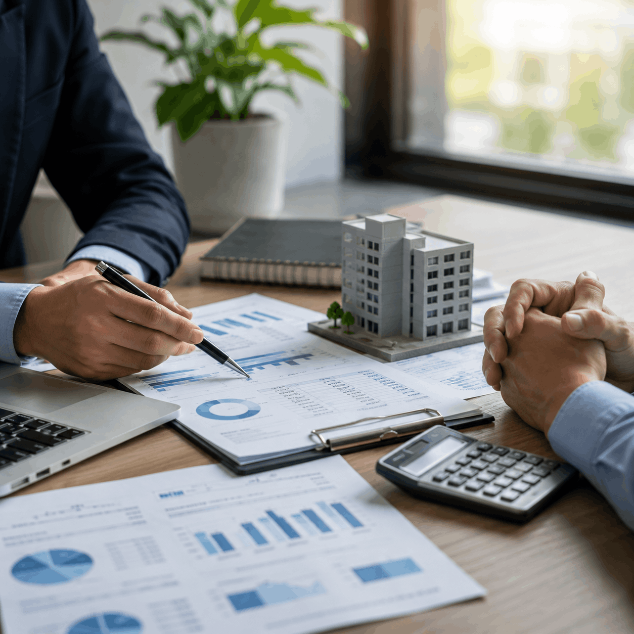 Financial due diligence meeting with business advisers reviewing financial reports, valuation documents, and acquisition planning in a modern office.