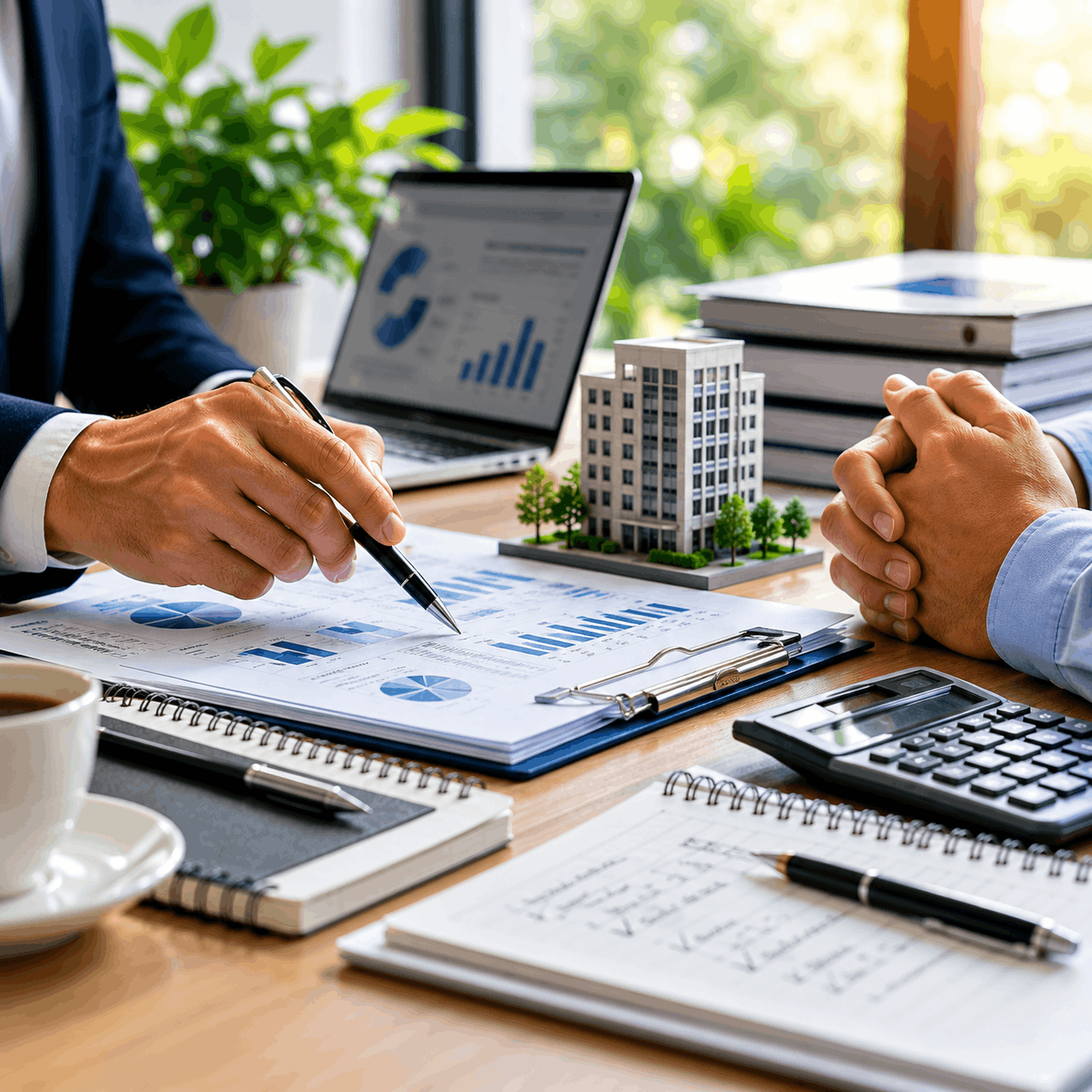 Business acquisition meeting with professionals shaking hands over financial reports and business documents in a modern office.