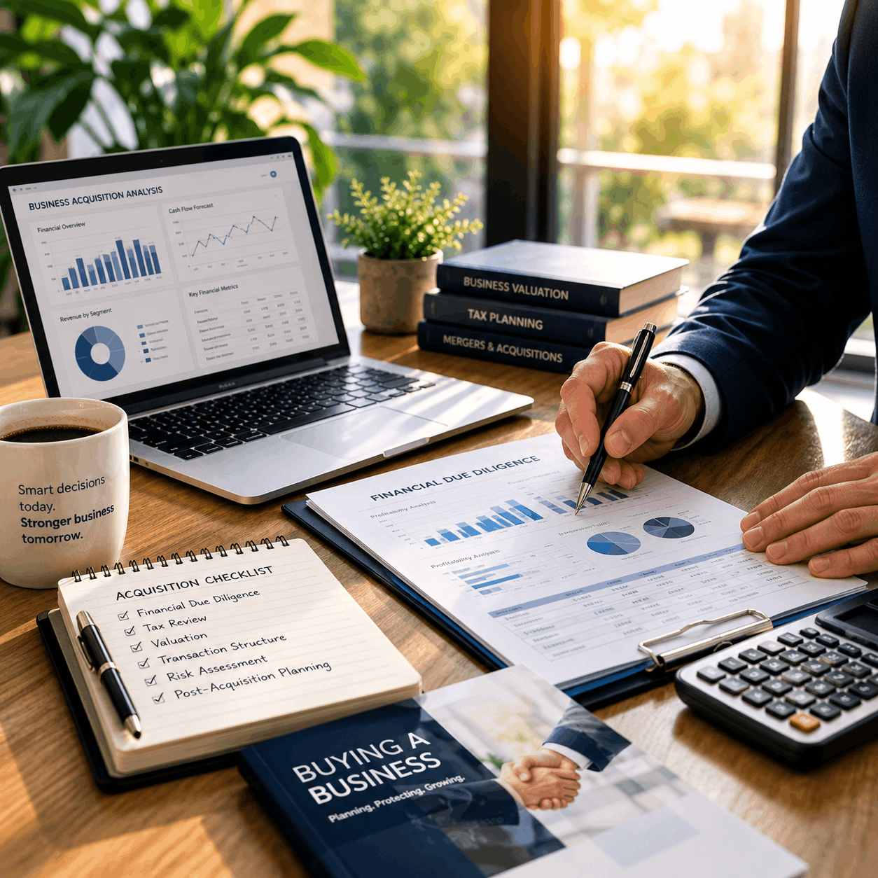 Accountant advising a client during a business acquisition meeting in Ireland, reviewing financial documents before completing a business purchase.