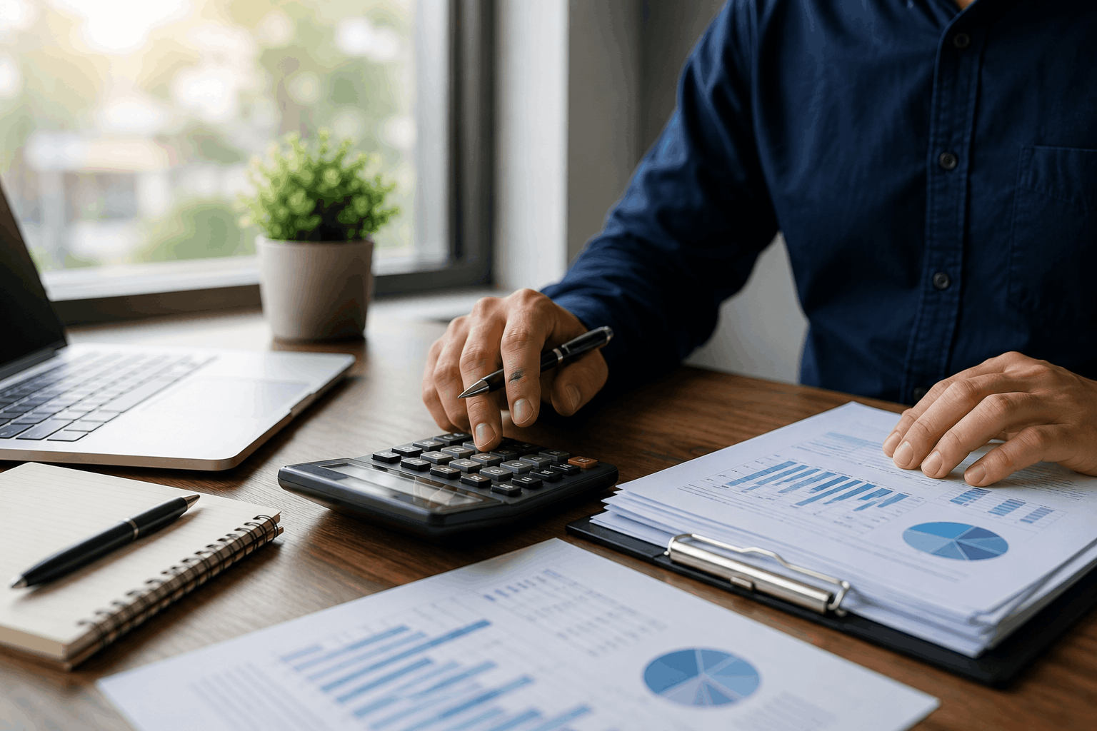 Focused office workspace with financial charts