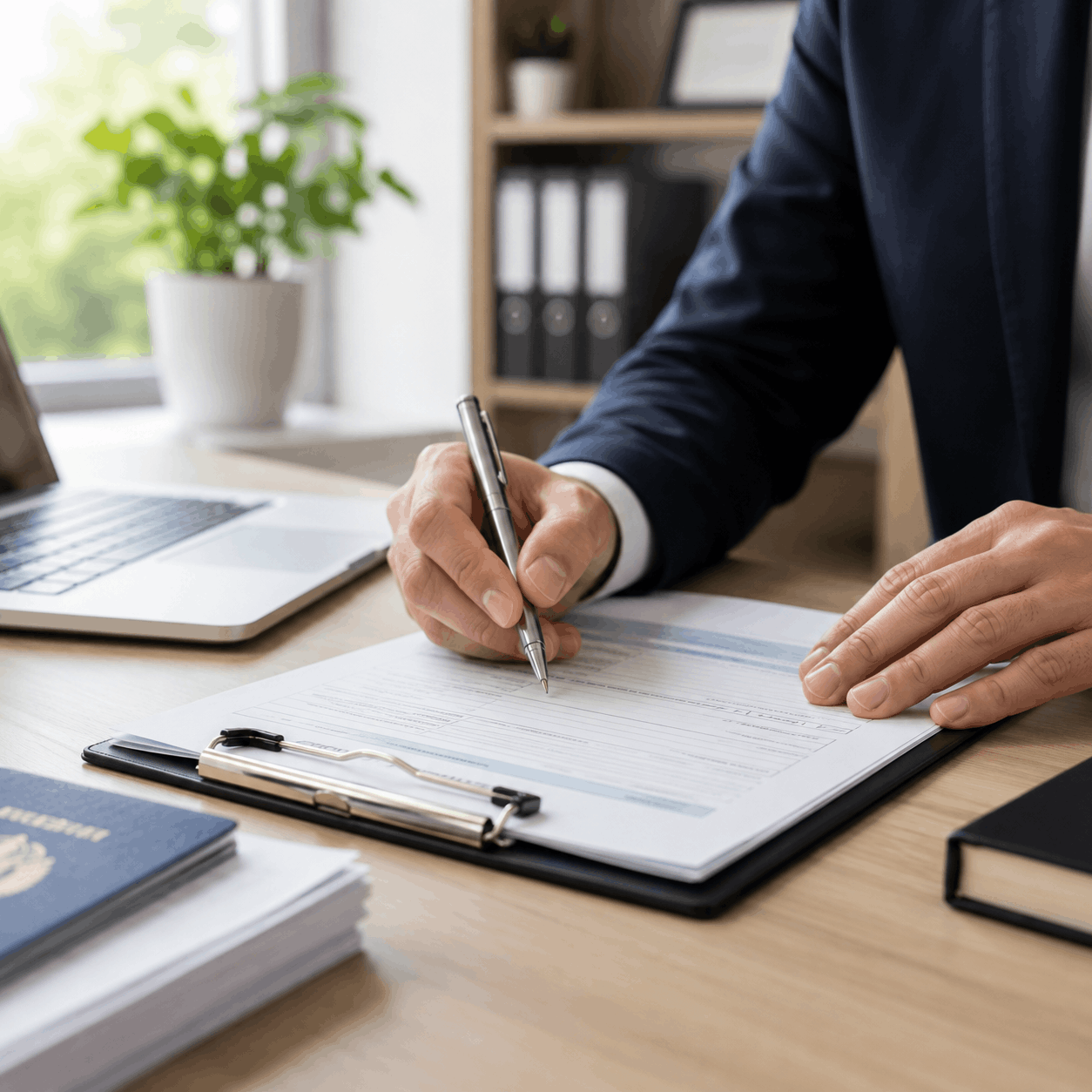 Signing Forms at a Modern Office Desk