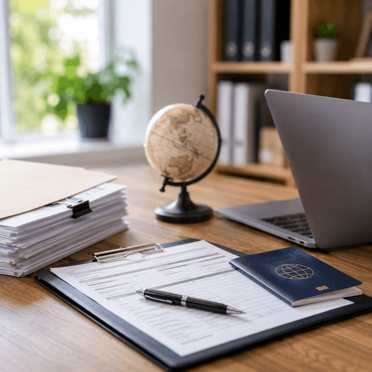 Modern Workspace with Passport and Globe