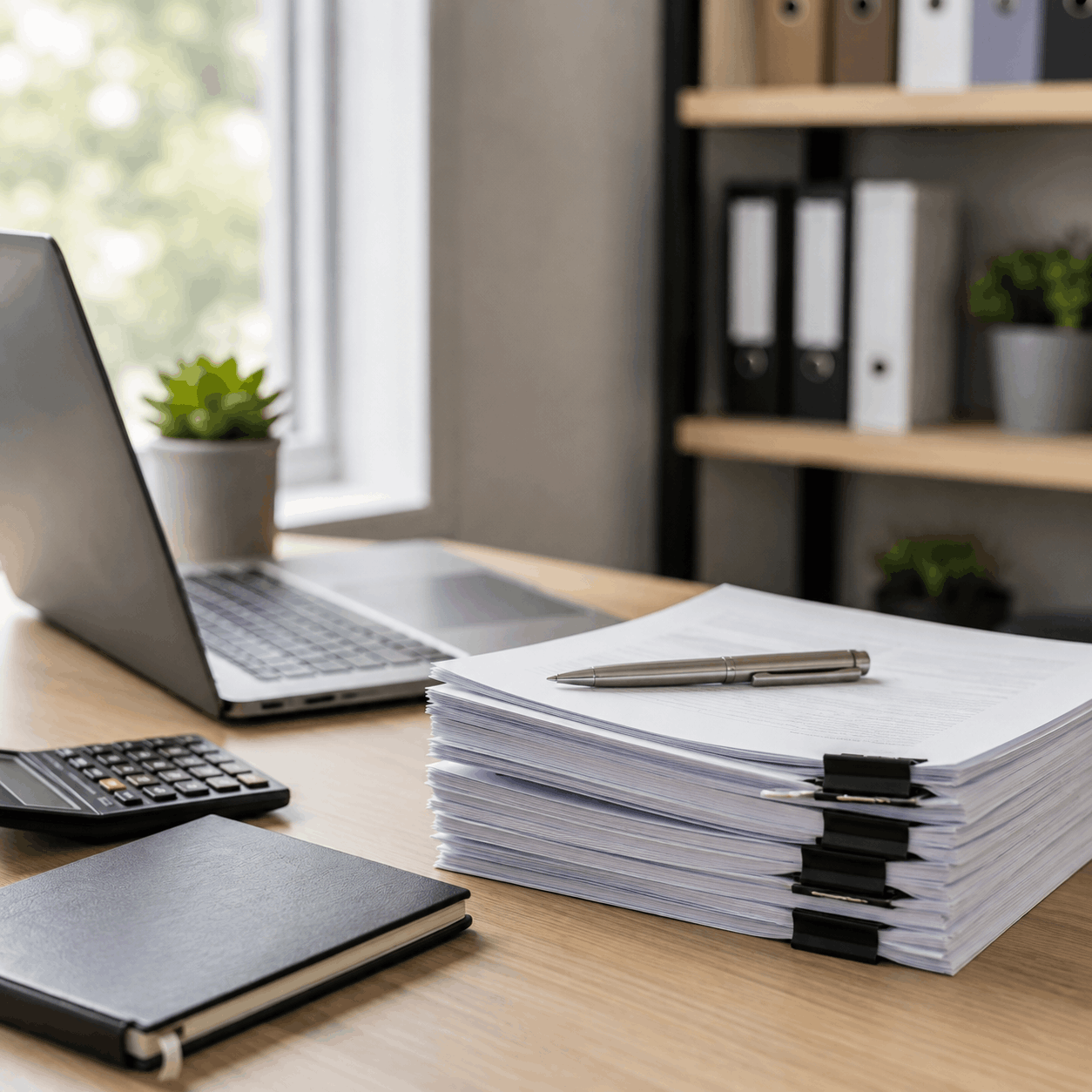 Organized Desk with Papers and Pen