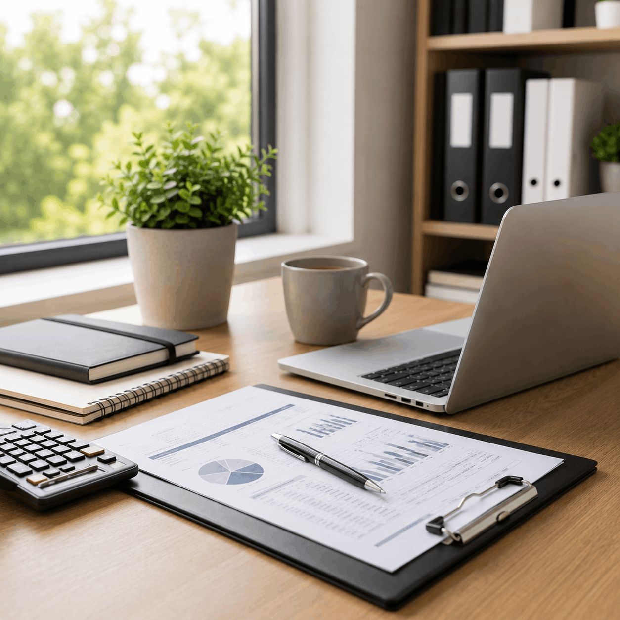Modern Office Desk with Financial Documents