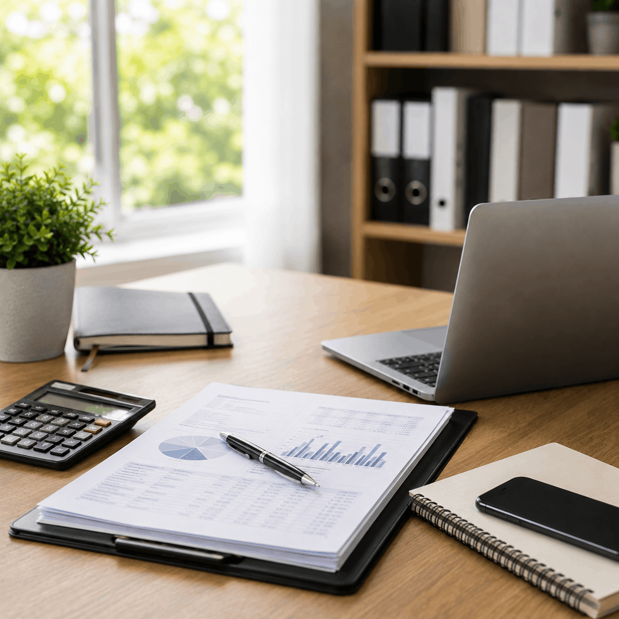Modern Workspace with Financial Documents
