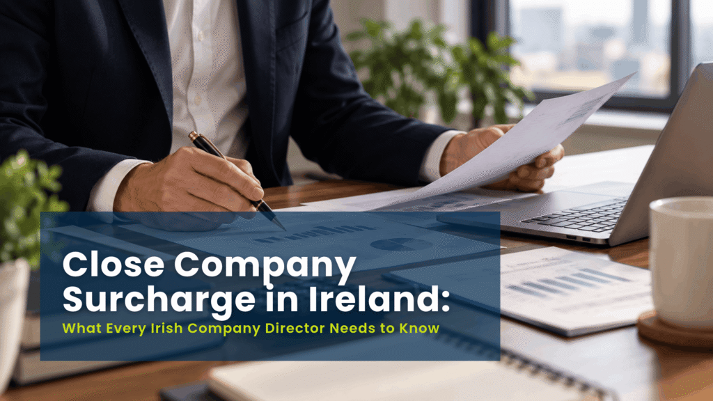 Irish company director reviewing accounts and close company surcharge tax calculations Image title: Close Company Surcharge in Ireland